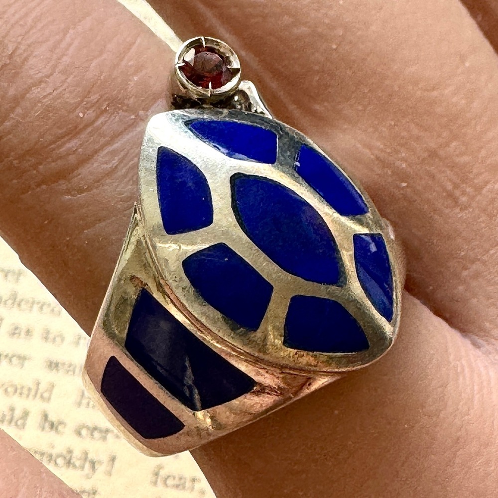 VTG Natural Blue Lapis Ring Sz 7.5 Marquise Inlay Handmade Sterling Red Garnet